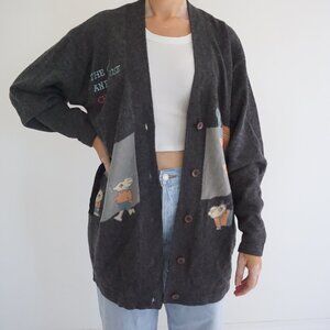 Vintage Charcoal Knit Cat Mouse House Laundry Illustration Button Cardigan L